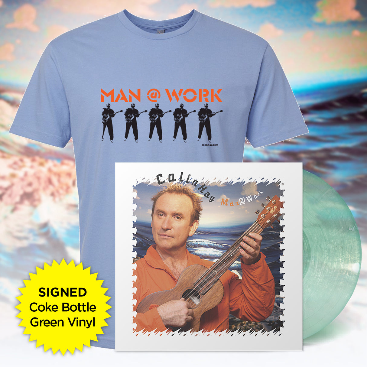 Man @ Work [Acoustic Vinyl] Coke Bottle Green LP (SIGNED) & 2025 Colin Hay Man @ Work Tour Shirt Bundle