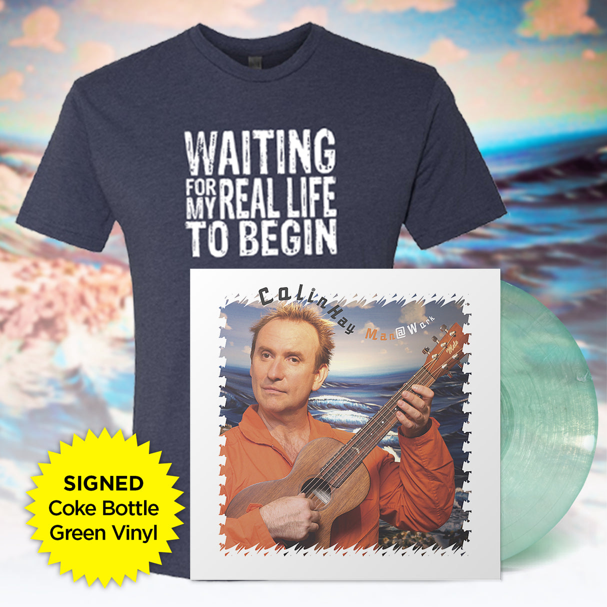 Man @ Work [Acoustic Vinyl] Coke Bottle Green LP (SIGNED) & Waiting Shirt Bundle